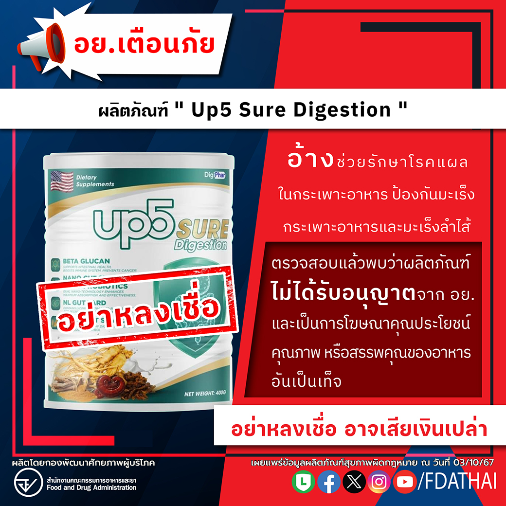 อย.เตือนภัยผลิตภัณฑ์ ” Up5 Sure Digestion ” อ้างช่วยรักษาโรคแผลในกระเพาะอาหาร