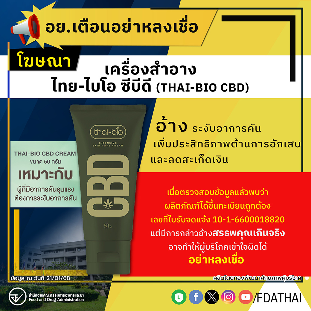 อย.เตือนอย่าหลงเชื่อโฆษณาเครื่องสำอางไทย-ไบโอ ซีบีดี (THAI-BIO CBD)