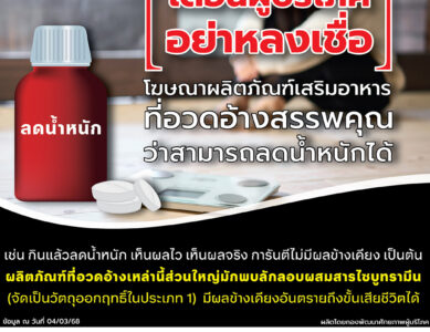 เตือนผู้บริโภคอย่าหลงเชื่อโฆษณาผลิตภัณฑ์เสริมอาหารที่อวดอ้างสรรพคุณว่าสามารถลดน้ำหนักได้