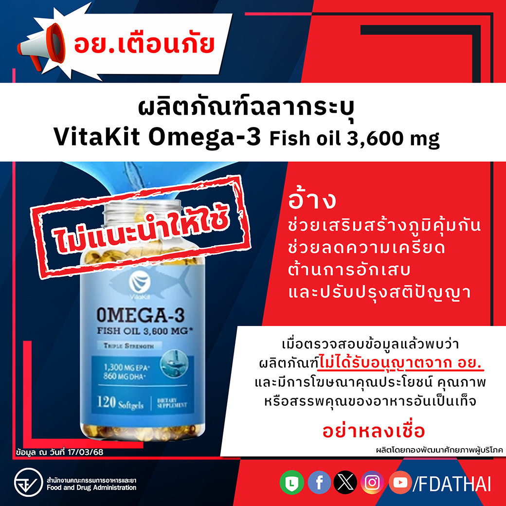 อย.เตือนภัยผลิตภัณฑ์ฉลากระบุ VitaKit Omega-3 Fish oil 3,600 mg
